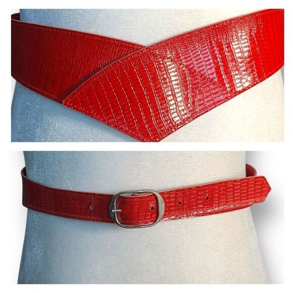 Vintage Cherry Red Crocodile Effect Animal Print Adjustable Statement Belt - Picture 1 of 7